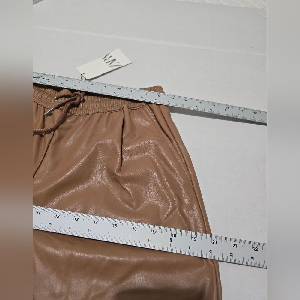 NWT Zara Drawstring Faux Leather Joggers  In Tan Size Xs - Picture 11 of 12